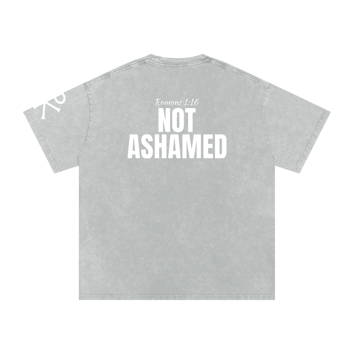 Not Ashamed God in Flesh Christian t-shirt, Light Gray, back with Romans 1:16