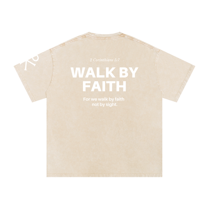 Walk by Faith God in Flesh Christian t-shirt, Apricot, back with 2 Corinthians 5:7