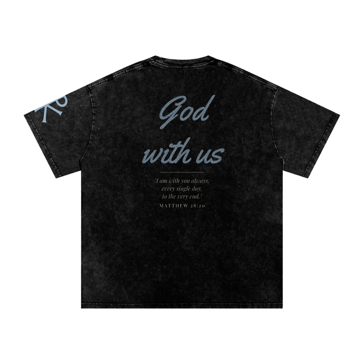 God With Us God in Flesh Christian t-shirt, Black, back with Matthew 28:20
