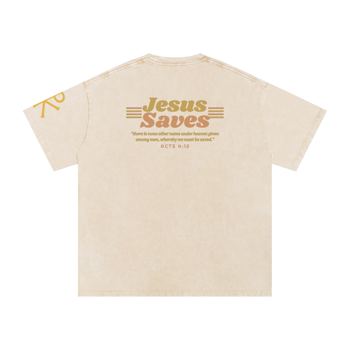 Jesus Saves God in Flesh Christian t-shirt, Apricot, back with Acts 4:12