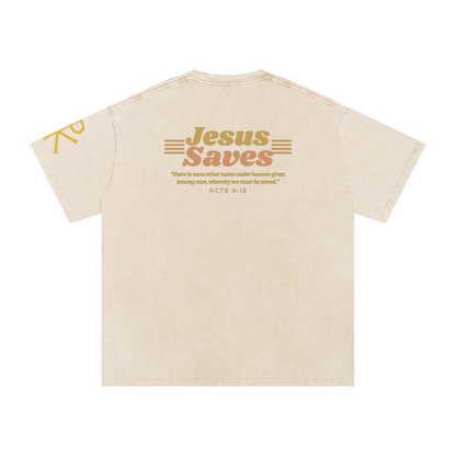 Jesus Saves God in Flesh Christian t-shirt, Apricot, back with Acts 4:12