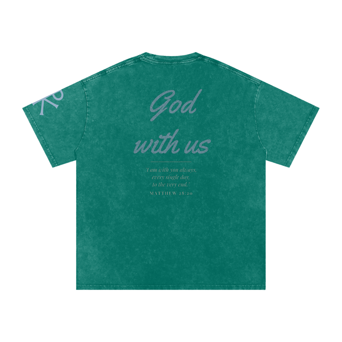 God With Us God in Flesh Christian t-shirt, Dark Green, back with Matthew 28:20