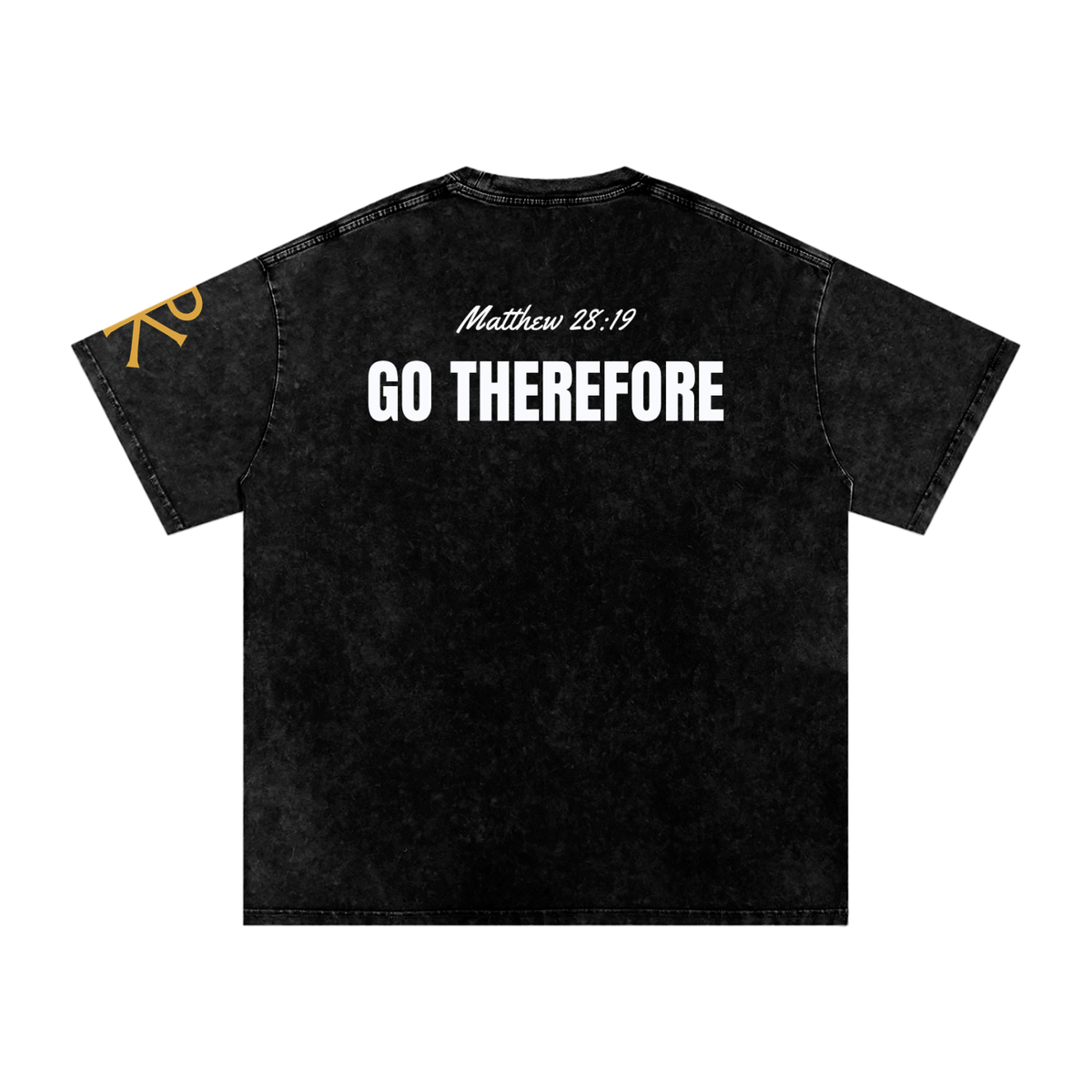 Go Therefore God in Flesh Christian t-shirt, Black, back with Matthew 28:19