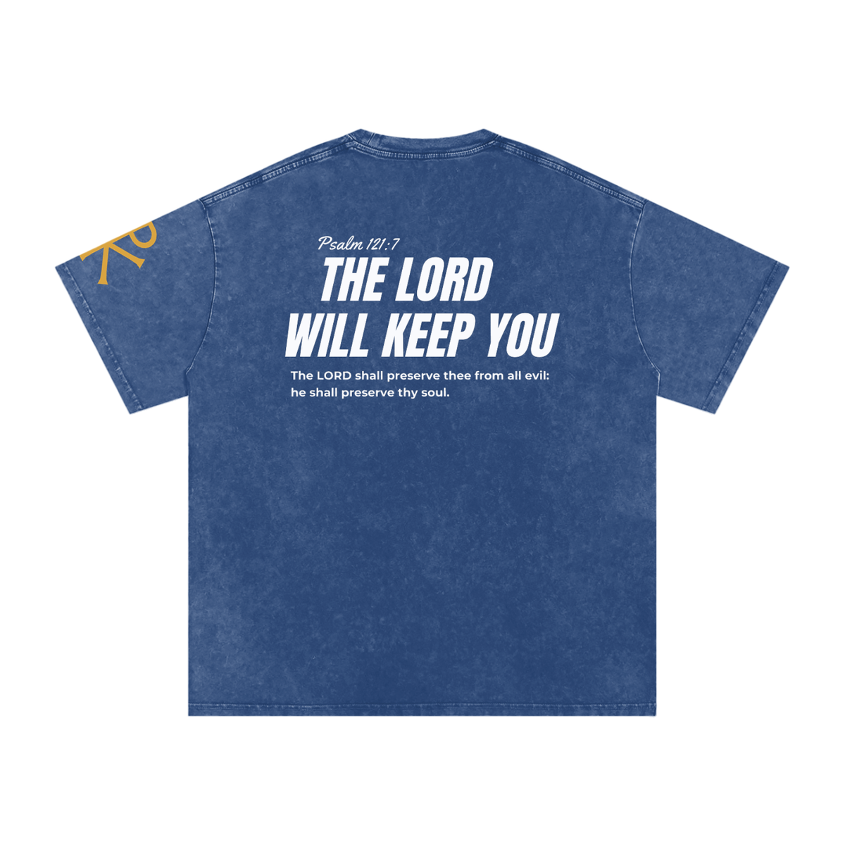 The Lord Will Keep You God in Flesh Christian t-shirt, Dark Blue, back with Psalm 121:7