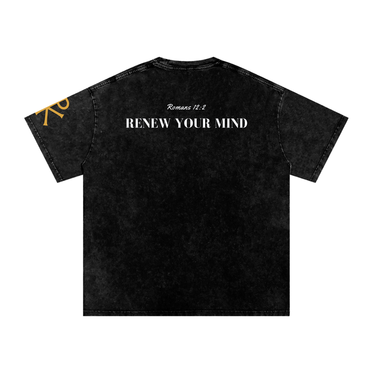 Renew Your Mind God in Flesh Christian t-shirt, Black, back with Romans 12:2