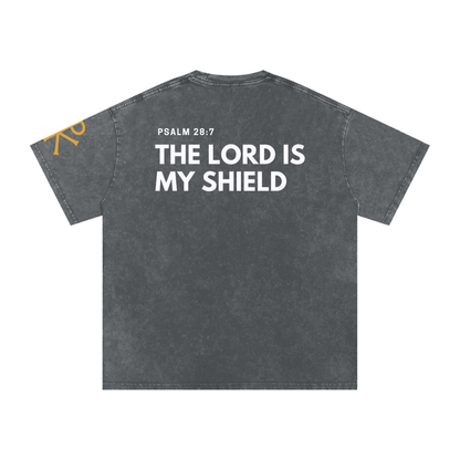 The Lord Is My Shield God in Flesh Christian t-shirt, Pirate Gray, back with Psalm 28:7