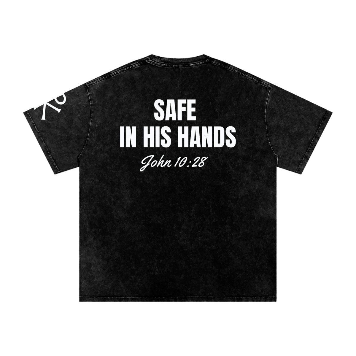 Safe in His Hands God in Flesh Christian t-shirt, Black, back with John 10:28