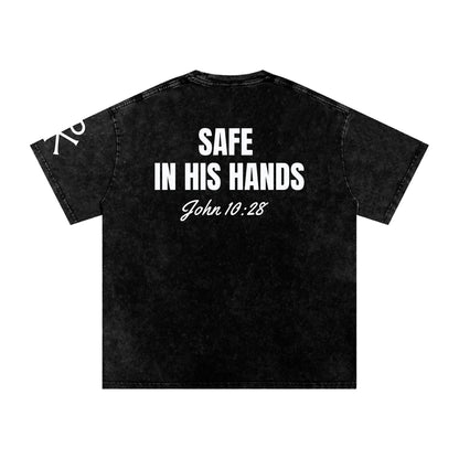 Safe in His Hands God in Flesh Christian t-shirt, Black, back with John 10:28