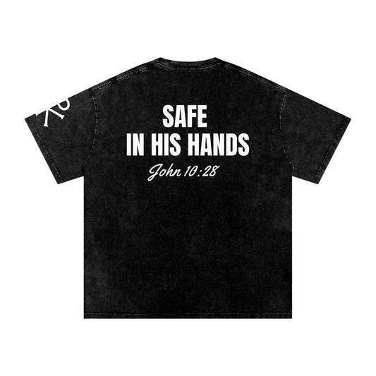 Safe in His Hands God in Flesh Christian t-shirt, Black, back with John 10:28