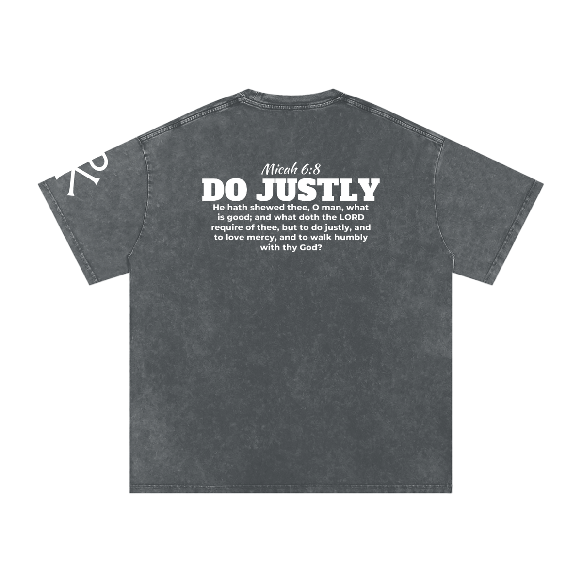 Do Justly God in Flesh Christian t-shirt, Pirate Gray, back with Micah 6:8