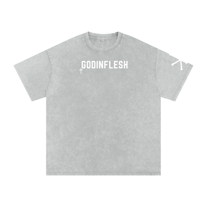 Not Ashamed God in Flesh Christian t-shirt, Light Gray, front with Romans 1:16