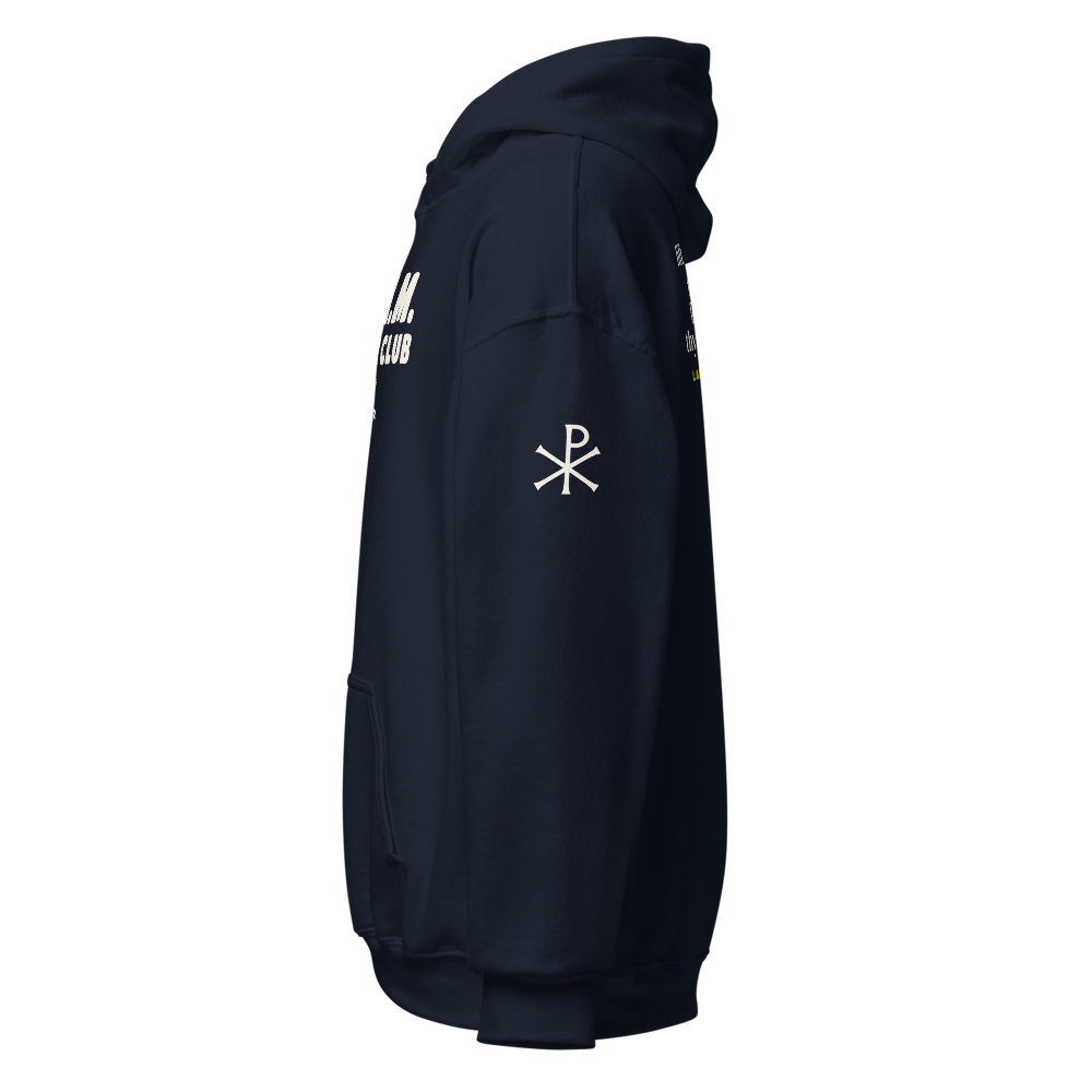 3 A.M. Prayer Club Hoodie, left sleeve mockup with the Chi-Rho