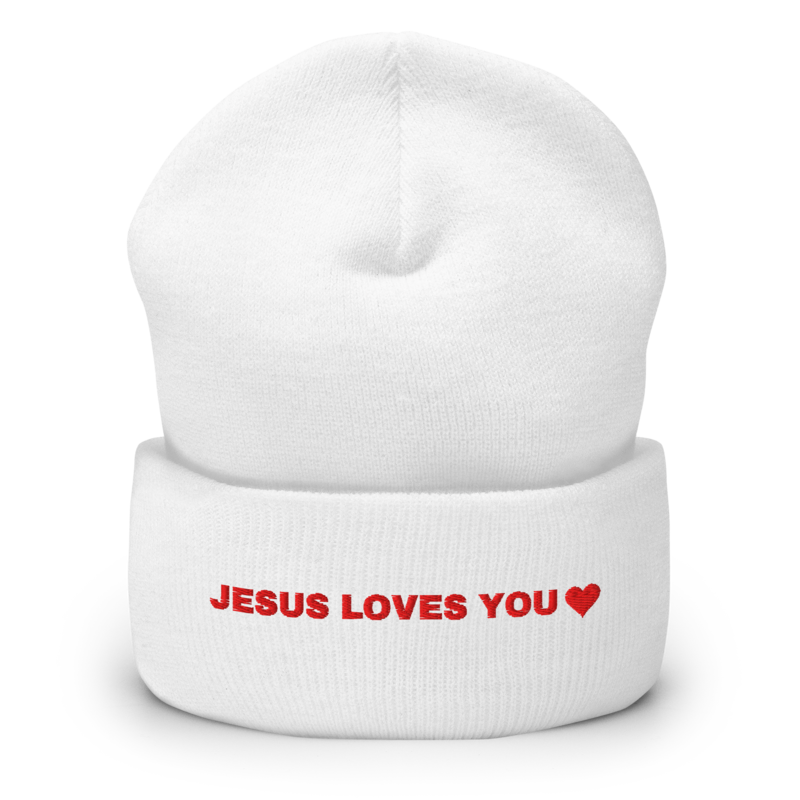 Jesus Loves You Embroidered Beanie (Christmas Morning Bundle piece), front view mockup