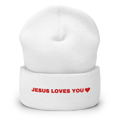 Jesus Loves You Embroidered Beanie (Christmas Morning Bundle piece), front view mockup