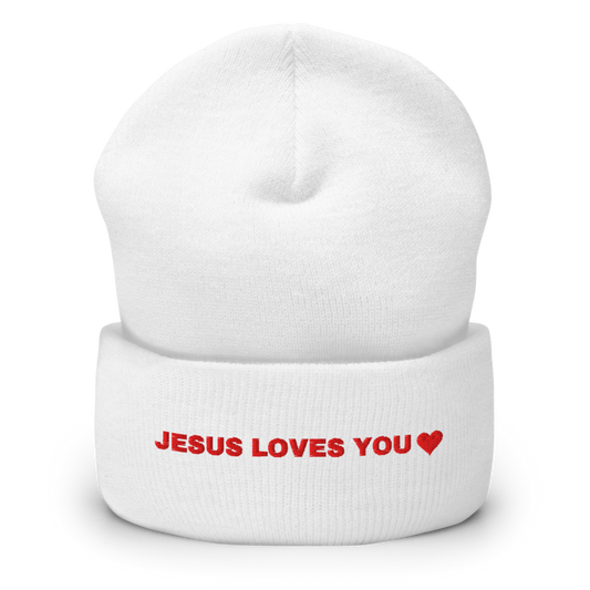 Jesus Loves You Embroidered Beanie (Christmas Morning Bundle piece), front view mockup