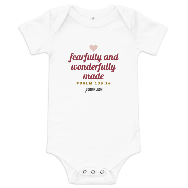 Fearfully and Wonderfully Made Baby Bodysuit (Baby Gift Set piece), front view mockup