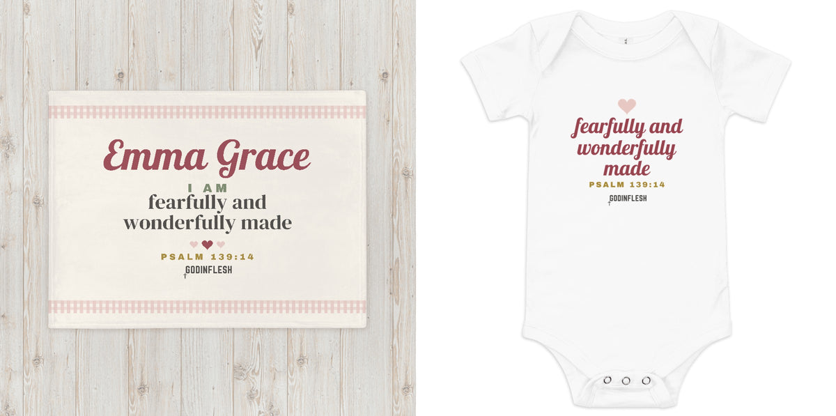 Fearfully and Wonderfully Made Baby Gift Set in use (the full set, our design)