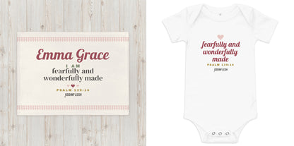 Fearfully and Wonderfully Made Baby Gift Set in use (the full set, our design)