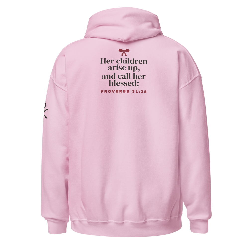 Blessed Mama Bow Hoodie, back view mockup with the KJV verse