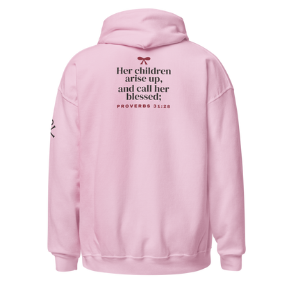 Blessed Mama Bow Hoodie, back view mockup with the KJV verse