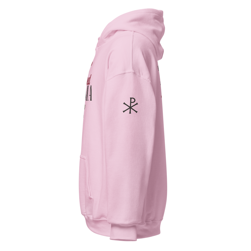 Blessed Mama Bow Hoodie, left sleeve mockup with the Chi-Rho