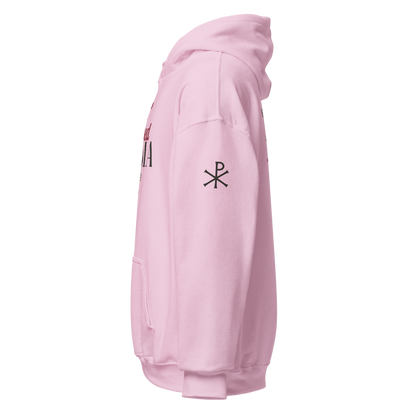 Blessed Mama Bow Hoodie, left sleeve mockup with the Chi-Rho