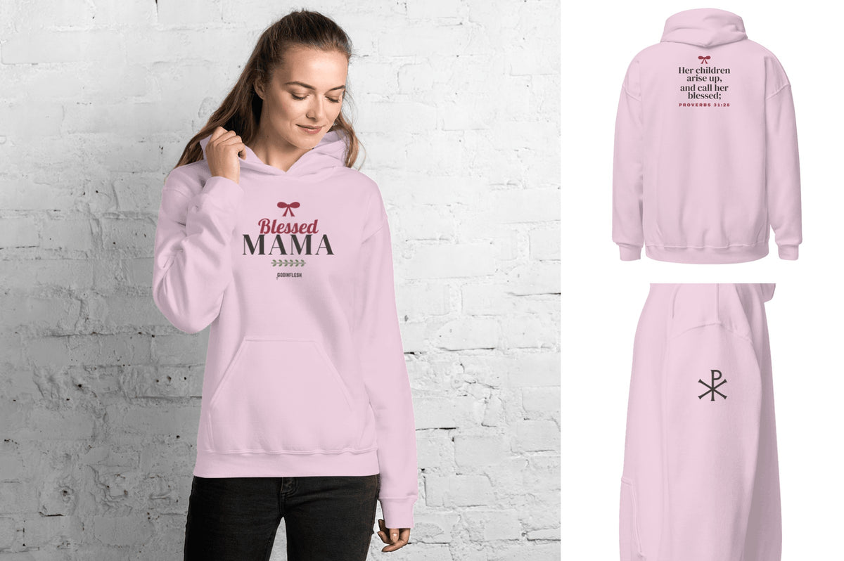 Blessed Mama Bow Hoodie in use, lifestyle photo with our design