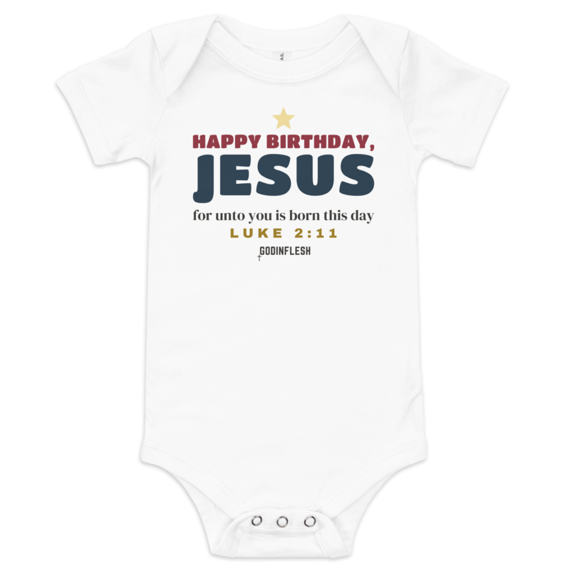Happy Birthday, Jesus Baby Bodysuit (Sibling Set piece), front view mockup