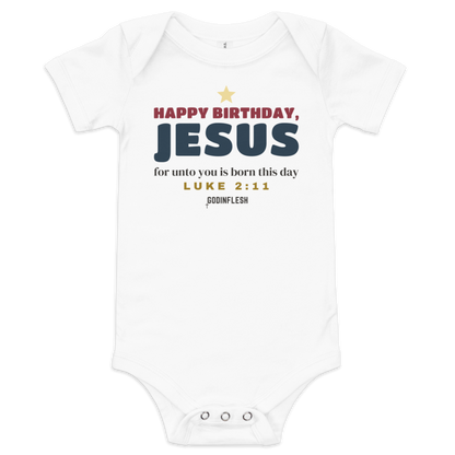 Happy Birthday, Jesus Baby Bodysuit (Sibling Set piece), front view mockup