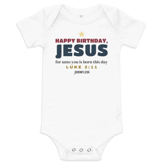 Happy Birthday, Jesus Baby Bodysuit (Sibling Set piece), front view mockup