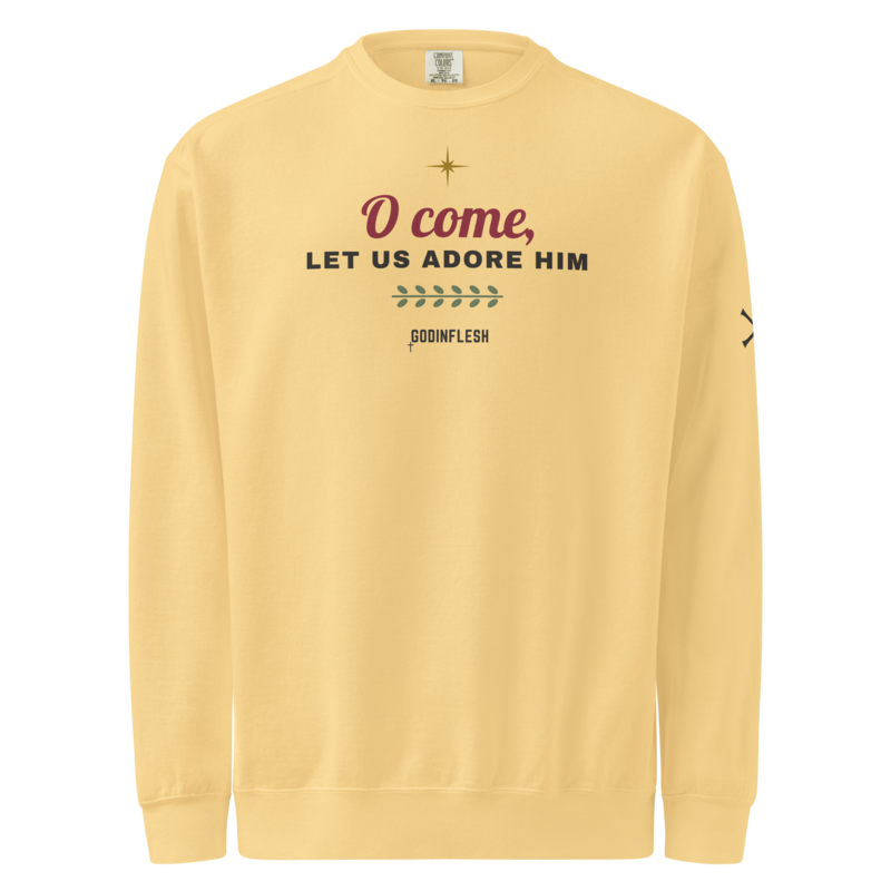 O Come Let Us Adore Him Christmas Crewneck, front view mockup