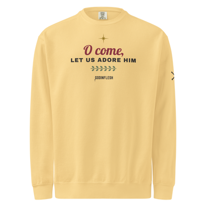 O Come Let Us Adore Him Christmas Crewneck, front view mockup