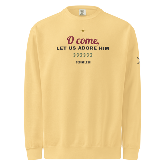 O Come Let Us Adore Him Christmas Crewneck, front view mockup