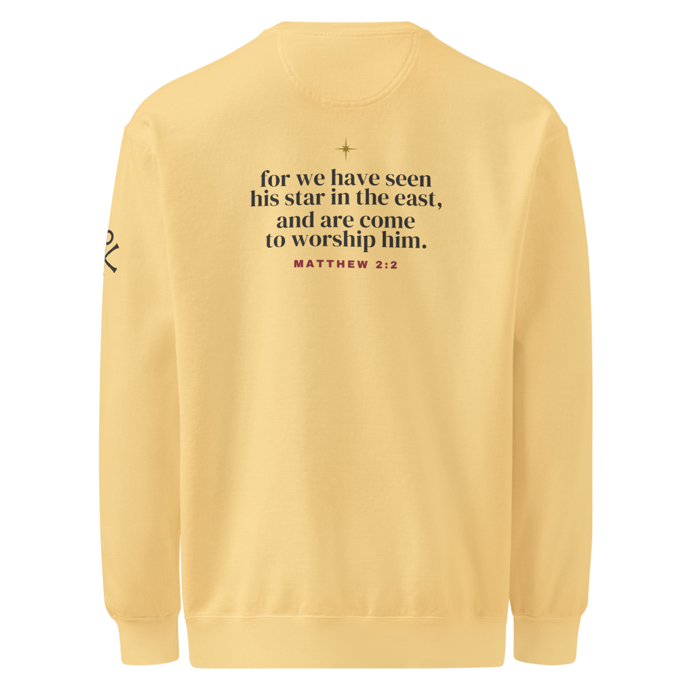 O Come Let Us Adore Him Christmas Crewneck, back view mockup with the KJV verse
