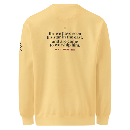 O Come Let Us Adore Him Christmas Crewneck, back view mockup with the KJV verse