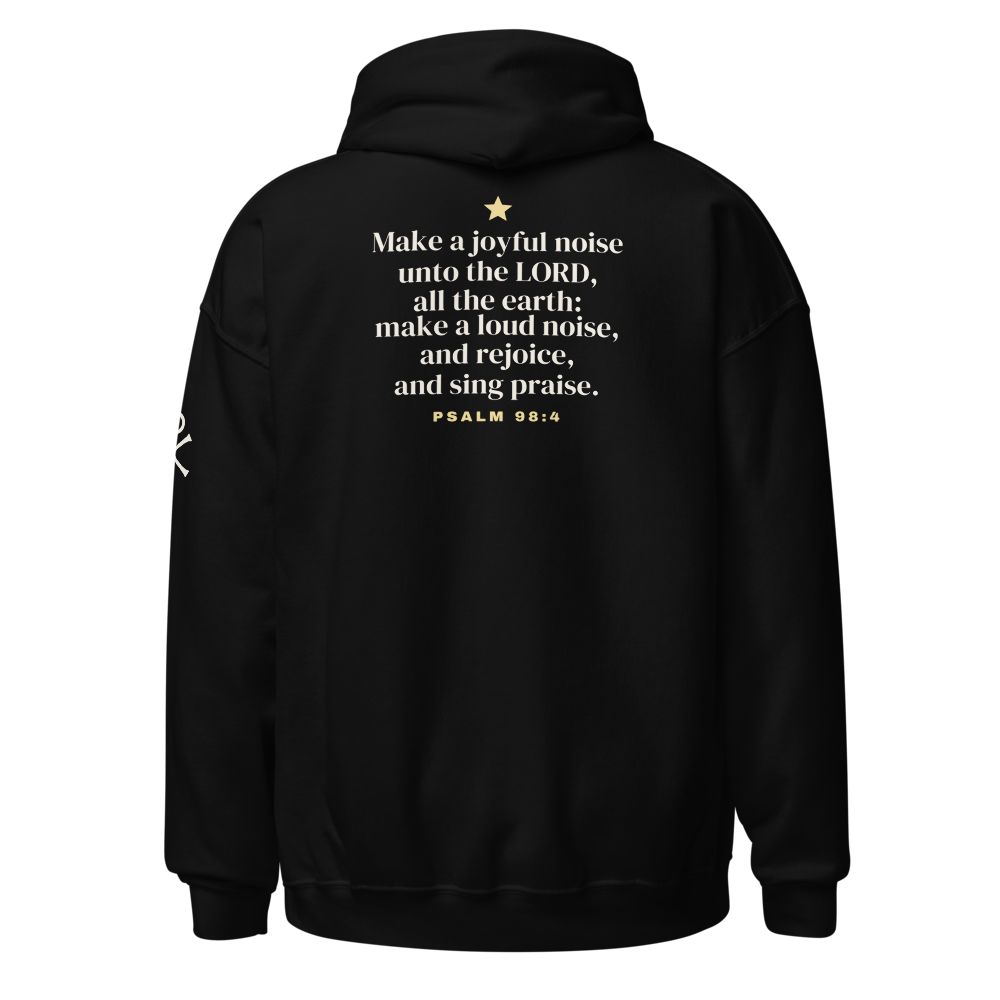 Joy to the World Christmas Hoodie, back view mockup with the KJV verse