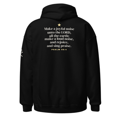 Joy to the World Christmas Hoodie, back view mockup with the KJV verse