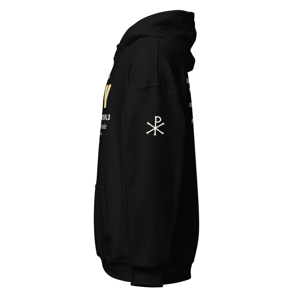 Joy to the World Christmas Hoodie, left sleeve mockup with the Chi-Rho