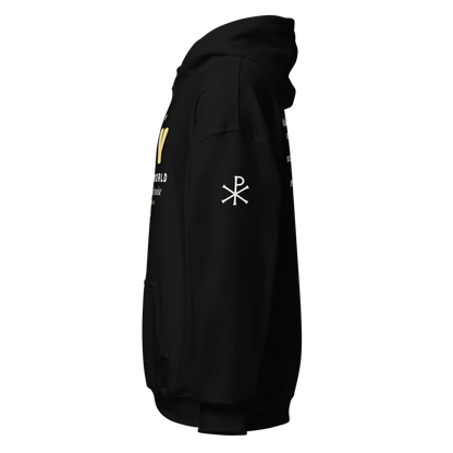 Joy to the World Christmas Hoodie, left sleeve mockup with the Chi-Rho