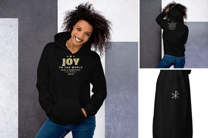 Joy to the World Christmas Hoodie in use, lifestyle photo with our design