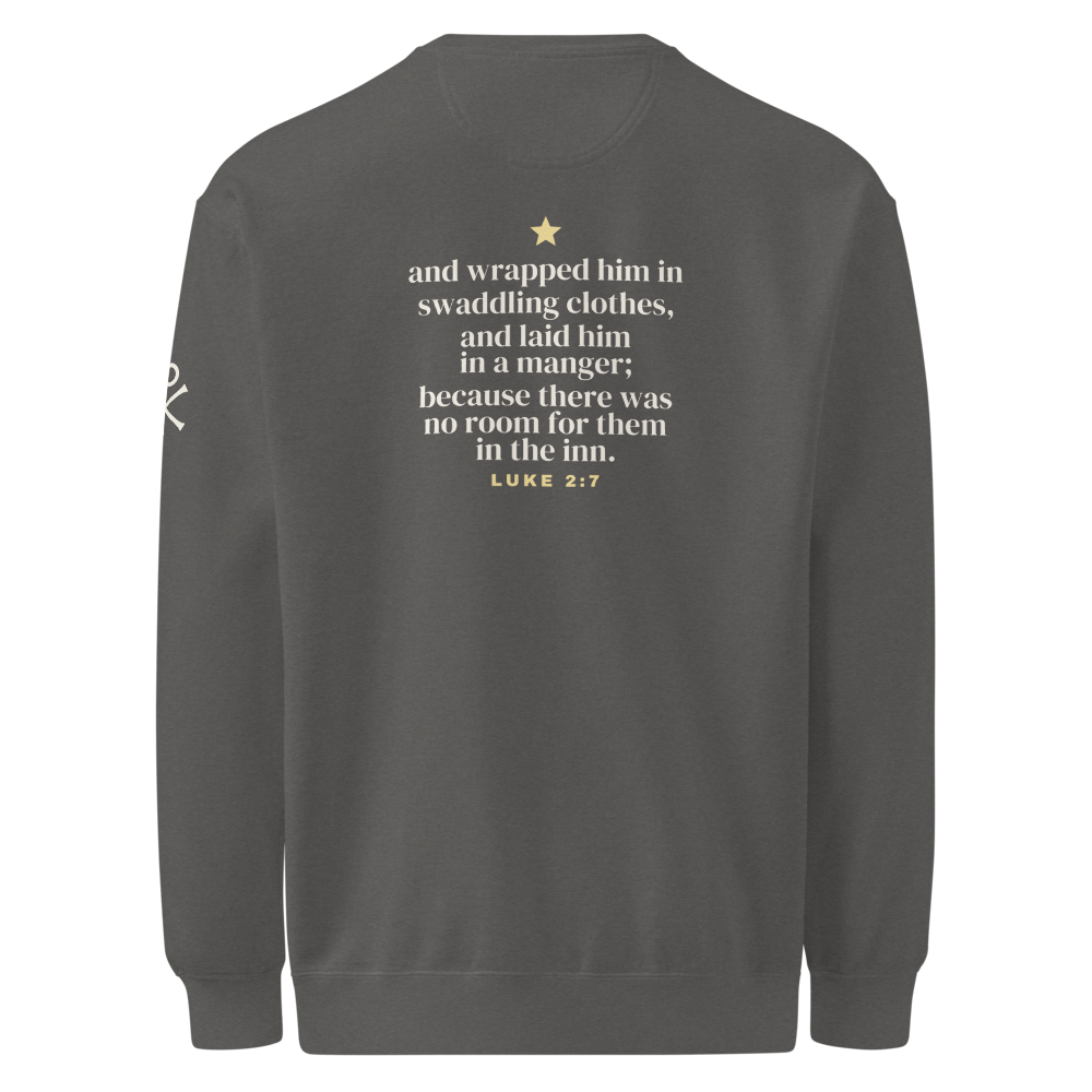 Manger Cross Western Christmas Crewneck, back view mockup with the KJV verse