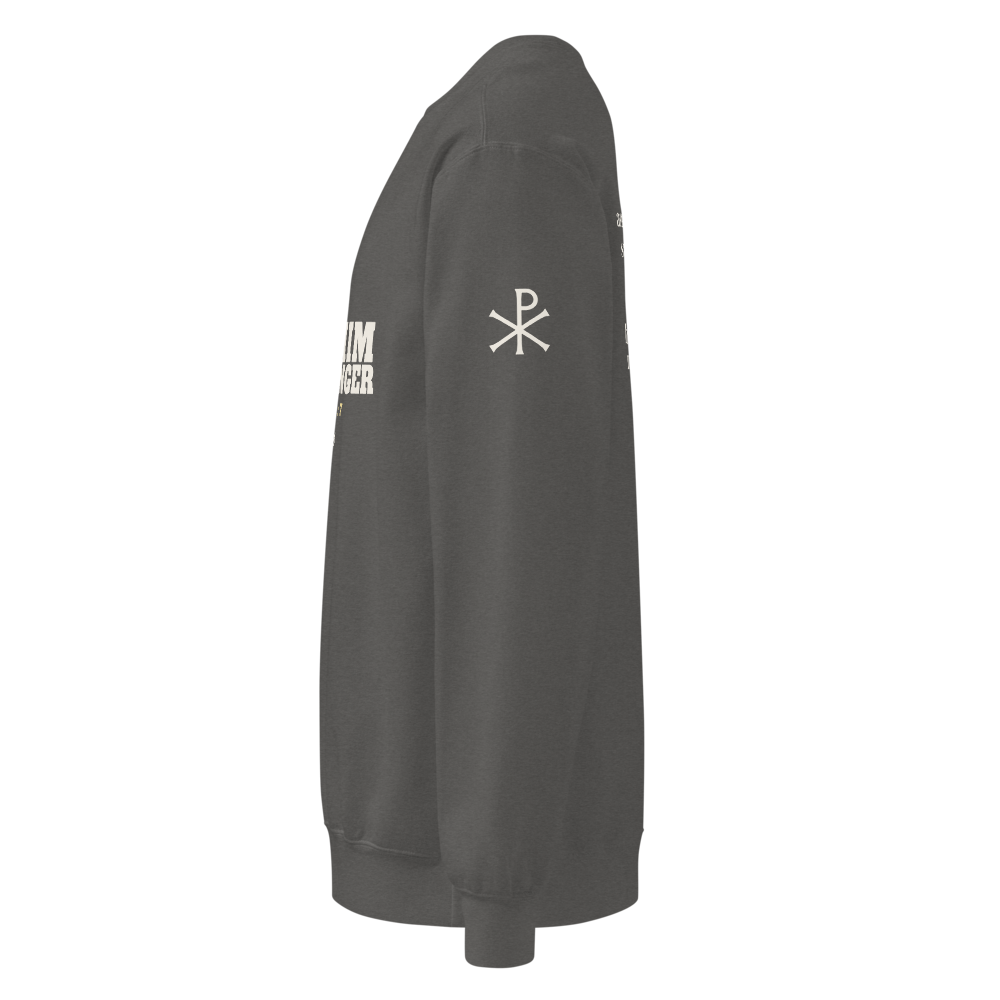 Manger Cross Western Christmas Crewneck, left sleeve mockup with the Chi-Rho