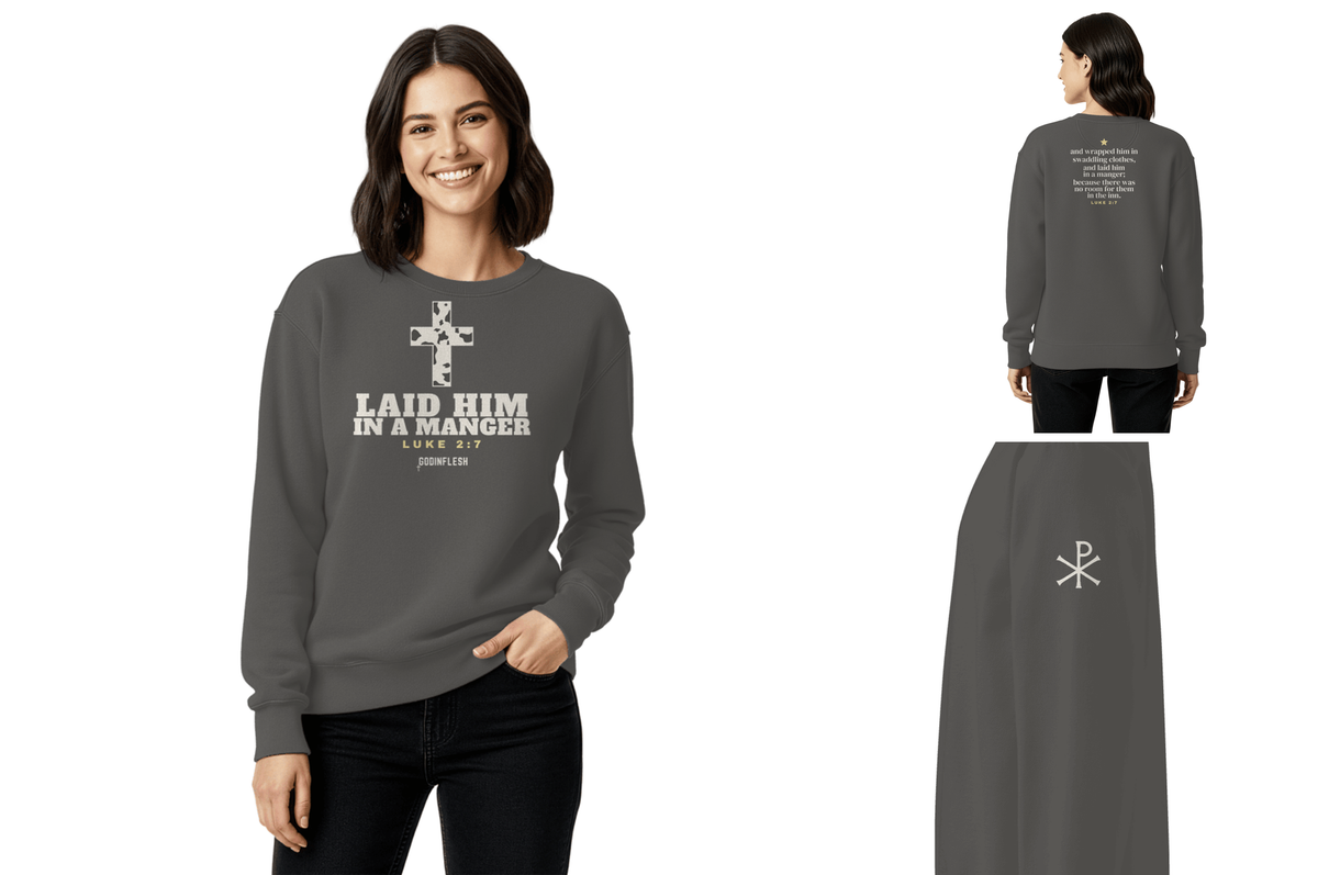 Manger Cross Western Christmas Crewneck in use, lifestyle photo with our design